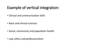 • Clinical and communication skills
• Basic and clinical sciences
• Social, community and population health
• Law, ethics and professionalism
Example of vertical integration:
 