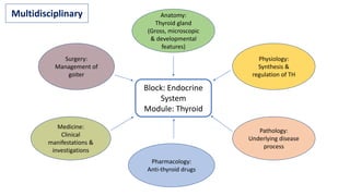 Block: Endocrine
System
Module: Thyroid
Anatomy:
Thyroid gland
(Gross, microscopic
& developmental
features)
Physiology:
Synthesis &
regulation of TH
Pathology:
Underlying disease
process
Pharmacology:
Anti-thyroid drugs
Surgery:
Management of
goiter
Medicine:
Clinical
manifestations &
investigations
Multidisciplinary
 
