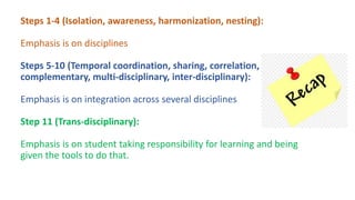 Steps 1-4 (Isolation, awareness, harmonization, nesting):
Emphasis is on disciplines
Steps 5-10 (Temporal coordination, sharing, correlation,
complementary, multi-disciplinary, inter-disciplinary):
Emphasis is on integration across several disciplines
Step 11 (Trans-disciplinary):
Emphasis is on student taking responsibility for learning and being
given the tools to do that.
 