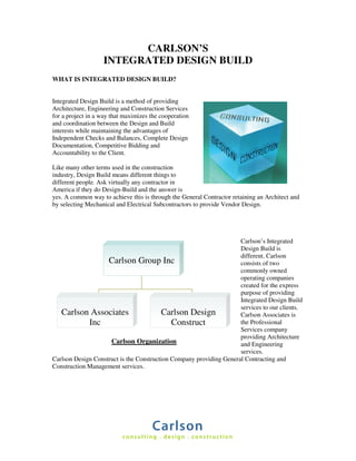 CARLSON’S
                   INTEGRATED DESIGN BUILD
WHAT IS INTEGRATED DESIGN BUILD?


Integrated Design Build is a method of providing
Architecture, Engineering and Construction Services
for a project in a way that maximizes the cooperation
and coordination between the Design and Build
interests while maintaining the advantages of
Independent Checks and Balances, Complete Design
Documentation, Competitive Bidding and
Accountability to the Client.

Like many other terms used in the construction
industry, Design Build means different things to
different people. Ask virtually any contractor in
America if they do Design-Build and the answer is
yes. A common way to achieve this is through the General Contractor retaining an Architect and
by selecting Mechanical and Electrical Subcontractors to provide Vendor Design.




                                                                     Carlson’s Integrated
                                                                     Design Build is
                                                                     different. Carlson
                    Carlson Group Inc                                consists of two
                                                                     commonly owned
                                                                     operating companies
                                                                     created for the express
                                                                     purpose of providing
                                                                     Integrated Design Build
                                                                     services to our clients.
   Carlson Associates                    Carlson Design              Carlson Associates is
             Inc                             Construct               the Professional
                                                                     Services company
                                                                     providing Architecture
                     Carlson Organization                            and Engineering
                                                                     services.
Carlson Design Construct is the Construction Company providing General Contracting and
Construction Management services.




                                      Carlson
                           consulting . design . construction
 