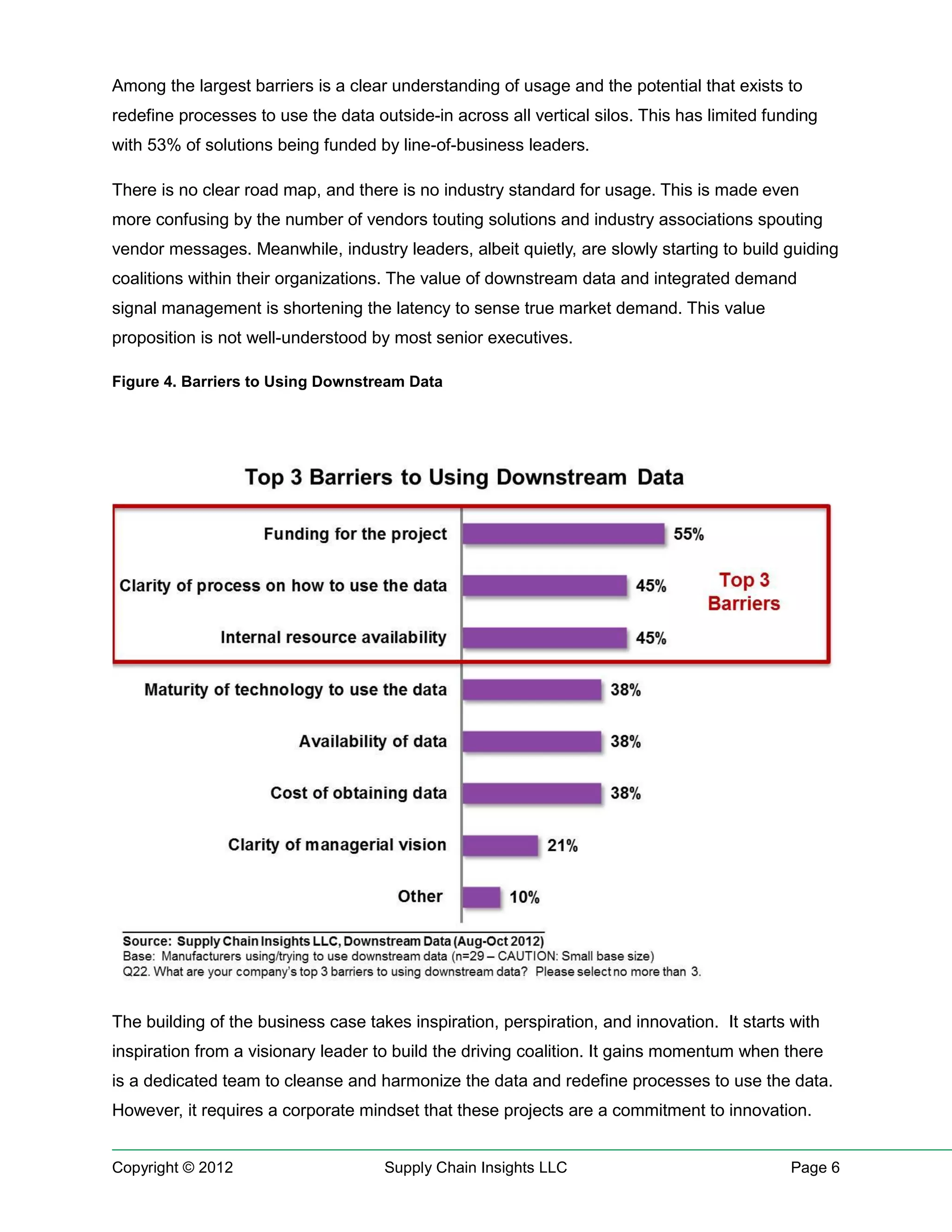 Among the largest barriers is a clear understanding of usage and the potential that exists to
redefine processes to use the data outside-in across all vertical silos. This has limited funding
with 53% of solutions being funded by line-of-business leaders.

There is no clear road map, and there is no industry standard for usage. This is made even
more confusing by the number of vendors touting solutions and industry associations spouting
vendor messages. Meanwhile, industry leaders, albeit quietly, are slowly starting to build guiding
coalitions within their organizations. The value of downstream data and integrated demand
signal management is shortening the latency to sense true market demand. This value
proposition is not well-understood by most senior executives.

Figure 4. Barriers to Using Downstream Data




The building of the business case takes inspiration, perspiration, and innovation. It starts with
inspiration from a visionary leader to build the driving coalition. It gains momentum when there
is a dedicated team to cleanse and harmonize the data and redefine processes to use the data.
However, it requires a corporate mindset that these projects are a commitment to innovation.


Copyright © 2012                     Supply Chain Insights LLC                               Page 6
 