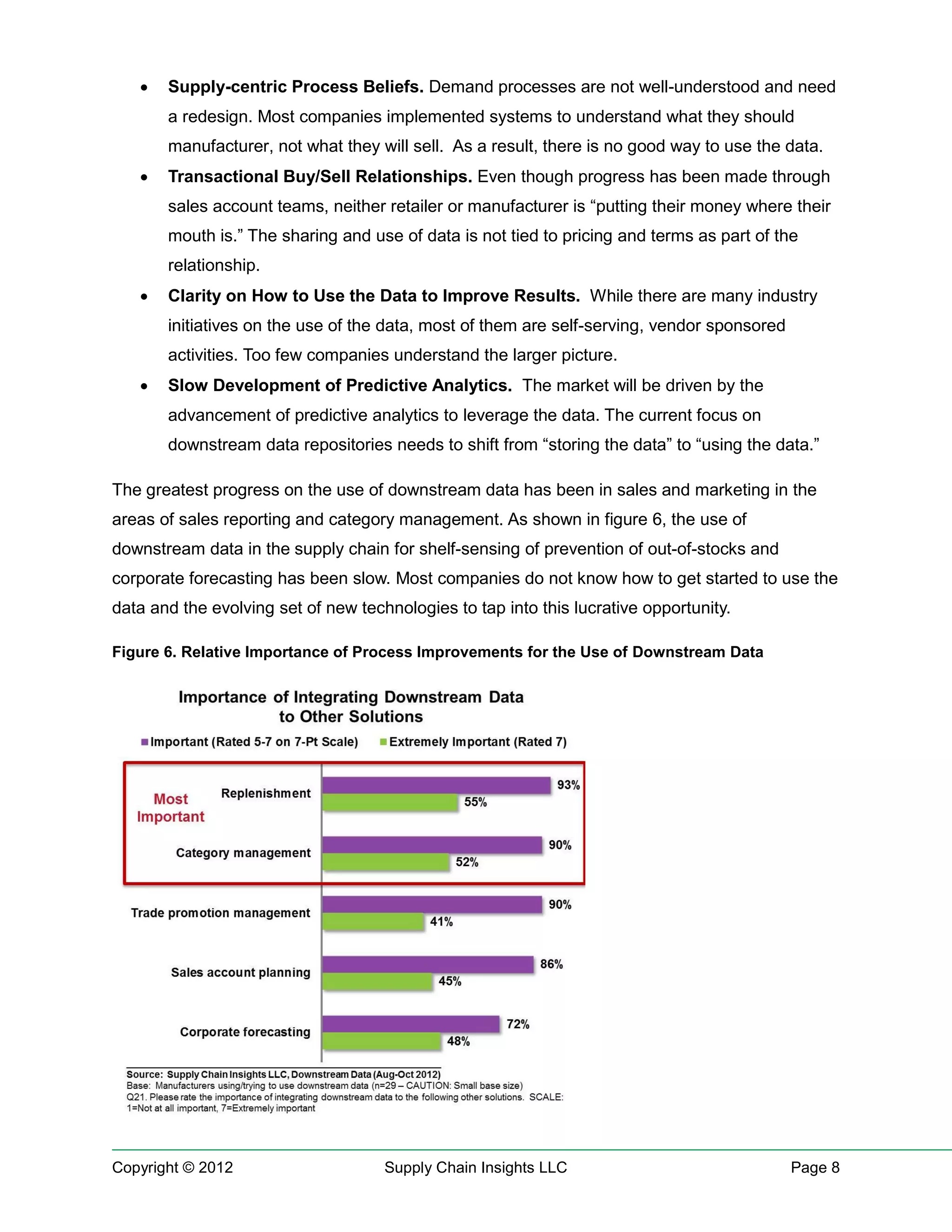    Supply-centric Process Beliefs. Demand processes are not well-understood and need
       a redesign. Most companies implemented systems to understand what they should
       manufacturer, not what they will sell. As a result, there is no good way to use the data.
      Transactional Buy/Sell Relationships. Even though progress has been made through
       sales account teams, neither retailer or manufacturer is “putting their money where their
       mouth is.” The sharing and use of data is not tied to pricing and terms as part of the
       relationship.
      Clarity on How to Use the Data to Improve Results. While there are many industry
       initiatives on the use of the data, most of them are self-serving, vendor sponsored
       activities. Too few companies understand the larger picture.
      Slow Development of Predictive Analytics. The market will be driven by the
       advancement of predictive analytics to leverage the data. The current focus on
       downstream data repositories needs to shift from “storing the data” to “using the data.”

The greatest progress on the use of downstream data has been in sales and marketing in the
areas of sales reporting and category management. As shown in figure 6, the use of
downstream data in the supply chain for shelf-sensing of prevention of out-of-stocks and
corporate forecasting has been slow. Most companies do not know how to get started to use the
data and the evolving set of new technologies to tap into this lucrative opportunity.

Figure 6. Relative Importance of Process Improvements for the Use of Downstream Data




Copyright © 2012                     Supply Chain Insights LLC                               Page 8
 