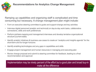 Ramping up capabilities and organizing staff is complicated and time
consuming but necessary. A change management plan might include:
• Form an executive steering committee to guide and support change and key activities
• Interview digital personnel (analytic and technical) on day-to-day work tasks, collaborative
connections, skills and work preferences
• Perform job/task-mapping and management interviews and develop tentative organizational
structure (current state)
• Identify analytic initiatives & business use-cases to create an “analytics and insights agenda” for the
short-term and for longer horizons
• Identify enabling technologies and any gaps in capabilities and skills
• Engage project management and human resources in managing and executing plan
• Revise change proposal and submit to steering committee for feedback, leading to a final
recommendation and approval
Recommendations for Analytics Change Management
Implementation may be ninety percent of the effort but a good plan and broad buy-in
make all the difference
 