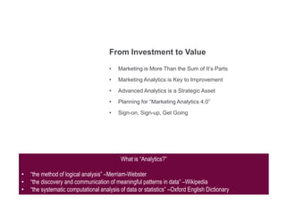 From Investment to Value
• Marketing is More Than the Sum of It’s Parts
• Marketing Analytics is Key to Improvement
• Advanced Analytics is a Strategic Asset
• Planning for “Marketing Analytics 4.0”
• Sign-on, Sign-up, Get Going
What is “Analytics?”
• “the method of logical analysis” –Merriam-Webster
• “the discovery and communication of meaningful patterns in data” –Wikipedia
• “the systematic computational analysis of data or statistics” –Oxford English Dictionary
 