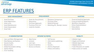 ASSET MANAGEMENT
 Asset Purchase
 Asset Registration
 Asset Issue
 Asset Maintenance
 Asset Depreciation
 Asset Sale
 Rules for Procurement
 Requisition
 Purchase Approvals
 Purchase Price List
 Invite for Tenders
AUDITING
 Financial Auditing Approvals
 Financial Auditing Reports
 Workflow Integration
 Policy Implementation
 Policy Alerts
 Auto Archive
IT ADMINISTRATION
 User and Roles Management
 Data Backup and Restore
 Session Audits
 Record Audits
 Global Parameters setting
 System Alerts
 Error handling
 Web Portal
 Intranet
 User Sync
 Access to Vendors
 Access to Citizens
MOBILITY
 • Mobile Login
 • Apple and Android
 • Mobile Approvals
 • Mobile Alerts
 • Task Allocation on mobile
 • Data access on mobile
 Quotation Comparison
 Purchase Order
 Material Receipt
 Matching PO , Receipt, Invoice
PROCUREMENT
 Self Service
 Information publishing
 News
 Forums
 eForms Download
 Videos and Gallery
INTRANET & PORTAL
ERP FEATURES
VIENNA Advantage Open Source ERP
INTEGRATED E-GOVERNANCE SYSTEM
 