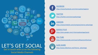 LET’S GET SOCIALGet in touch with us on the following
Social Media Channels
https://www.facebook.com/viennaadvantageerp
FACEBOOK
https://twitter.com/viennaadvantage
TWITTER
https://www.linkedin.com/company/vienna-advantage
LINKEDIN
https://plus.google.com/+Viennaadvantage/posts
GOOGLE PLUS
https://www.youtube.com/user/softwareonthecloud
YOU TUBE
http://www.slideshare.net/Vienna_advantage
SLIDE SHARE
 