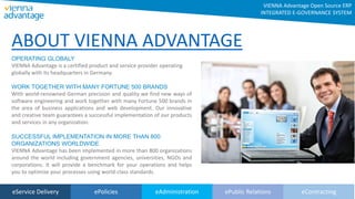 ABOUT VIENNA ADVANTAGE
VIENNA Advantage Open Source ERP
INTEGRATED E-GOVERNANCE SYSTEM
eService Delivery ePolicies eAdministration ePublic Relations eContracting
OPERATING GLOBALY
VIENNA Advantage is a certified product and service provider operating
globally with its headquarters in Germany.
WORK TOGETHER WITH MANY FORTUNE 500 BRANDS
With world-renowned German precision and quality we find new ways of
software engineering and work together with many Fortune 500 brands in
the area of business applications and web development. Our innovative
and creative team guarantees a successful implementation of our products
and services in any organization.
SUCCESSFUL IMPLEMENTATION IN CLOSE TO 1000
ORGANIZATIONS WORLDWIDE
VIENNA Advantage has been implemented in close to 1000 organizations
around the world including government agencies, universities, NGOs and
corporations. It will provide a benchmark for your operations and helps
you to optimize your processes using world-class standards.
 
