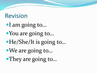 Revision
I am going to…
You are going to…
He/She/It is going to…
We are going to…
They are going to…
 