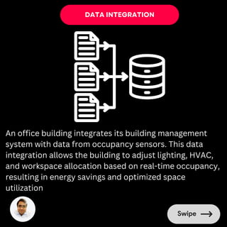 DATA INTEGRATION
An office building integrates its building management
system with data from occupancy sensors. This data
integration allows the building to adjust lighting, HVAC,
and workspace allocation based on real-time occupancy,
resulting in energy savings and optimized space
utilization
 