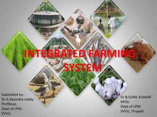 INTEGRATED FARMING
SYSTEM
Dr B.SUNIL KUMAR
MVSc
Dept of LPM
SVVU, Tirupati.
Submitted to:-
Dr A.Ravindra reddy
Proffesor,
Dept of LPM.
SVVU.
 