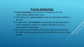Green manuring
❖ Green manuring is the practice of turning into the soil
undecomposed green plant tissue.
❖ The function of a green manure crop is to add organic matter to
the soil.
❖ In agriculture, green manure is created by leaving uprooted or
sown crop parts to wither on a field so that they serve as a
mulch and soil amendment.
❖ It is a practice of ploughing in the green plant tissues grown in
the field or adding green plants with tender twigs or leaves from
outside
 