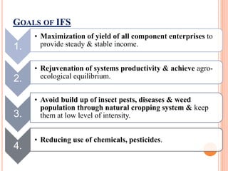 GOALS OF IFS
1.
• Maximization of yield of all component enterprises to
provide steady & stable income.
2.
• Rejuvenation of systems productivity & achieve agro-
ecological equilibrium.
3.
• Avoid build up of insect pests, diseases & weed
population through natural cropping system & keep
them at low level of intensity.
4.
• Reducing use of chemicals, pesticides.
 