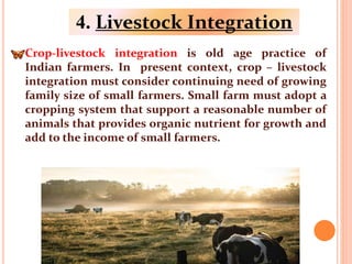  Crop-livestock integration is old age practice of
Indian farmers. In present context, crop – livestock
integration must consider continuing need of growing
family size of small farmers. Small farm must adopt a
cropping system that support a reasonable number of
animals that provides organic nutrient for growth and
add to the income of small farmers.
4. Livestock Integration
 