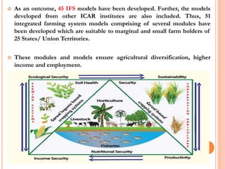  As an outcome, 45 IFS models have been developed. Further, the models
developed from other ICAR institutes are also included. Thus, 51
integrated farming system models comprising of several modules have
been developed which are suitable to marginal and small farm holders of
25 States/ Union Territories.
 These modules and models ensure agricultural diversification, higher
income and employment.
 