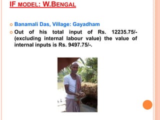 IF MODEL: W.BENGAL
 Banamali Das, Village: Gayadham
 Out of his total input of Rs. 12235.75/-
(excluding internal labour value) the value of
internal inputs is Rs. 9497.75/-.
 