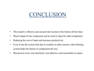 • This model is effective and can provide income to the farmer all the times
• Waste/output of one component can be used as input for other component
• Reducing the cost of input and increases productivity
• Even if one the system fails due to weather or other reasons, other farming
system helps the farmer to compensate the loss.
• Plan proves to be very beneficial, cost effective, and sustainable in nature.
CONCLUSION
 