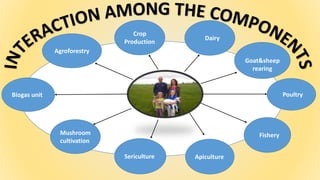 Crop
Production
Dairy
Poultry
Apiculture
Mushroom
cultivation
Biogas unit
Agroforestry
Sericulture
Fishery
Goat&sheep
rearing
 