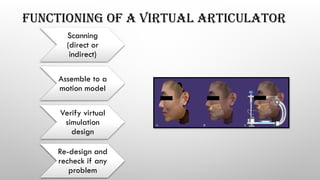 FUNCTIONING OF A VIRTUAL ARTICULATOR
Scanning
(direct or
indirect)
Assemble to a
motion model
Verify virtual
simulation
design
Re-design and
recheck if any
problem
 