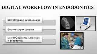 DIGITAL WORKFLOW IN ENDODONTICS
Digital Imaging in Endodontics
Electronic Apex Location
Dental Operating Microscope
in Endodontics
 