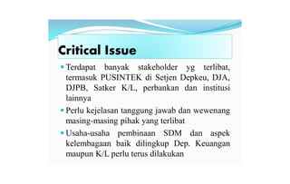 Critical Issue
 Terdapat banyak stakeholder yg terlibat,
termasuk PUSINTEK di Setjen Depkeu, DJA,
DJPB, Satker K/L, perbankan dan institusi
lainnya
 Perlu kejelasan tanggung jawab dan wewenang
masing-masing pihak yang terlibat
 Usaha-usaha pembinaan SDM dan aspek
kelembagaan baik dilingkup Dep. Keuangan
maupun K/L perlu terus dilakukan
 