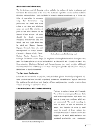 4
Horticulture-cum-fish farming
The horticulture-cum-fish farming system includes the culture of fruits, vegetables and
flowers on the embankment of the pond. The fruits and vegetables contain various nutritive
elements and the Indian Council of Medical Research has recommended 85g of fruits and
300g of vegetables to consume
daily. For horticulture crop
production the inner and outer
dykes of the pond and adjoining
areas are used. The selection of
plant is the main criteria for the
success of this system. The plant
should be dwarf, seasonal,
evergreen, remunerative and less
shady. The fruit crops which can
be used are Mango, Banana,
Papaya, Coconut, Lime etc. and
the vegetables like Brinjal, Tomato,
Cucumber, Gourds, Chilli, Carrot,
Radish, Turnip, Spinach, Peas,
Cabbage, Cauliflower, Ladies finger can be grown according to their season throughout the
year. The flower plantation on the embankment is also useful. We can use the plants like
Rose, Jasmine, Gladiolus, Marigold and Chrysanthemum etc. which provides additional
income to the farmer and beauty to the farm. This system provides 20-25% more return in
comparison to aquaculture alone.
The Agri-based fish farming
It includes the mushroom fish system, sericulture-fish system, fodder crop integration etc.
Pond bundhs may also be used for growing pulses and oil seed crops. Aquatic cash crop
like Makhana (Euryale ferox) and Singhara (Trapa spp) integration can also be done along
with air-breathing or carnivorous fishes.
Fish farming along with Duckery or Poultry
Fish can be cultured along with livestock.
The system is advantageous because duck
feeds miscellaneous items from water like
insects, crustaceans, molluscs which are
not economical. The duck droplling is
used as foods as well as fertilizers of
ponds. The dabbling of duck in pond
water in search of feeds release the
nutrients from soil as well as it mixes the
oxygen to the water which enhances the
biological productivity and consequent
Horticulture-cum fish farming unit.
Fish-cum duck farming unit
 