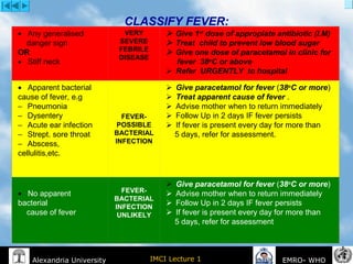 IMCI Lecture 1Alexandria University EMRO- WHO
CLASSIFY FEVER:
•       Any generalised
    danger sign 
OR  
•       Stiff neck
VERY
SEVERE
FEBRILE
DISEASE
   Give 1st
dose of appropiate antibiotic (I.M)
   Treat child to prevent low blood sugar
   Give one dose of paracetamol in clinic for
fever 38o
C or above
    Refer URGENTLY to hospital
•       Apparent bacterial 
cause of fever, e.g
−      Pneumonia
−      Dysentery
−      Acute ear infection
−      Strept. sore throat
−      Abscess, 
cellulitis,etc.
FEVER-
POSSIBLE
BACTERIAL
INFECTION
    Give paracetamol for fever (38o
C or more)
    Treat apparent cause of fever .
    Advise mother when to return immediately
    Follow Up in 2 days IF fever persists
    If fever is present every day for more than
    5 days, refer for assessment.
 
•       No apparent 
bacterial
    cause of fever
FEVER-
BACTERIAL
INFECTION
UNLIKELY
    Give paracetamol for fever (38o
C or more)
    Advise mother when to return immediately
    Follow Up in 2 days IF fever persists
    If fever is present every day for more than
    5 days, refer for assessment
 