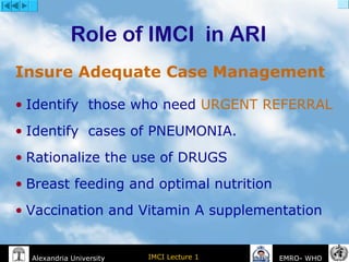 IMCI Lecture 1Alexandria University EMRO- WHO
Insure Adequate Case Management
• Identify those who need URGENT REFERRAL
• Identify cases of PNEUMONIA.
• Rationalize the use of DRUGS
• Breast feeding and optimal nutrition
• Vaccination and Vitamin A supplementation
Role of IMCI in ARI
 