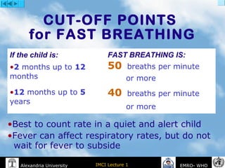IMCI Lecture 1Alexandria University EMRO- WHO
CUT-OFF POINTS
for FAST BREATHING
If the child is: FAST BREATHING IS:
•2 months up to 12
months
•12 months up to 5
years
50 breaths per minute
or more
40 breaths per minute
or more
•Best to count rate in a quiet and alert child
•Fever can affect respiratory rates, but do not
wait for fever to subside
 