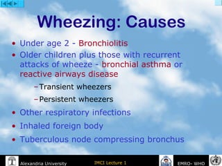 IMCI Lecture 1Alexandria University EMRO- WHO
Wheezing: Causes
• Under age 2 - Bronchiolitis
• Older children plus those with recurrent
attacks of wheeze - bronchial asthma or
reactive airways disease
–Transient wheezers
–Persistent wheezers
• Other respiratory infections
• Inhaled foreign body
• Tuberculous node compressing bronchus
 