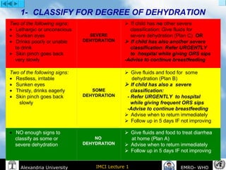 IMCI Lecture 1Alexandria University EMRO- WHO
1-         CLASSIFY FOR DEGREE OF DEHYDRATION
Two of the following signs:
•       Lethargic or unconscious
•       Sunken eyes
•       Drinks poorly or unable
to drink
•       Skin pinch goes back
very slowly
SEVERE
DEHYDRATION
    If child has no other severe
classification: Give fluids for
severe dehydration (Plan C) OR
   If child has also another severe
classification: Refer URGENTLY
to hospital while giving ORS sips
-Advise to continue breastfeeding
Two of the following signs:
•       Restless, irritable
•       Sunken eyes
•       Thirsty, drinks eagerly
•       Skin pinch goes back
slowly
SOME
DEHYDRATION
    Give fluids and food for some
dehydration (Plan B)
   If child has also a severe
classification:
- Refer URGENTLY to hospital
while giving frequent ORS sips
-Advise to continue breastfeeding
    Advise when to return immediately
    Follow up in 5 days IF not improving
•       NO enough signs to
classify as some or
severe dehydration
NO
DEHYDRATION
    Give fluids and food to treat diarrhea
at home (Plan A)
    Advise when to return immediately
    Follow up in 5 days IF not improving
 