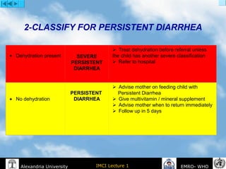 IMCI Lecture 1Alexandria University EMRO- WHO
2-CLASSIFY FOR PERSISTENT DIARRHEA
•       Dehydration present SEVERE
PERSISTENT
DIARRHEA
    Treat dehydration before referral unless
the child has another severe classification
    Refer to hospital
•       No dehydration
PERSISTENT
DIARRHEA
    Advise mother on feeding child with
Persistent Diarrhea
    Give multivitamin / mineral supplement
    Advise mother when to return immediately
    Follow up in 5 days
 