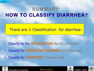 IMCI Lecture 1Alexandria University EMRO- WHO
SUMMARY:
HOW TO CLASSIFY DIARRHEA?
There are 3 Classification for diarrhea:
• Classify for the DEHYDRATION (for ALL Children)
• Classify for PERSISTENT DIARRHEA (Conditioned)
• Classify for DYSENTERY (Conditioned)
 