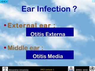 IMCI Lecture 1Alexandria University EMRO- WHO
Ear Infection ?
• External ear :
Otitis Externa
• Middle ear :
Otitis Media
 