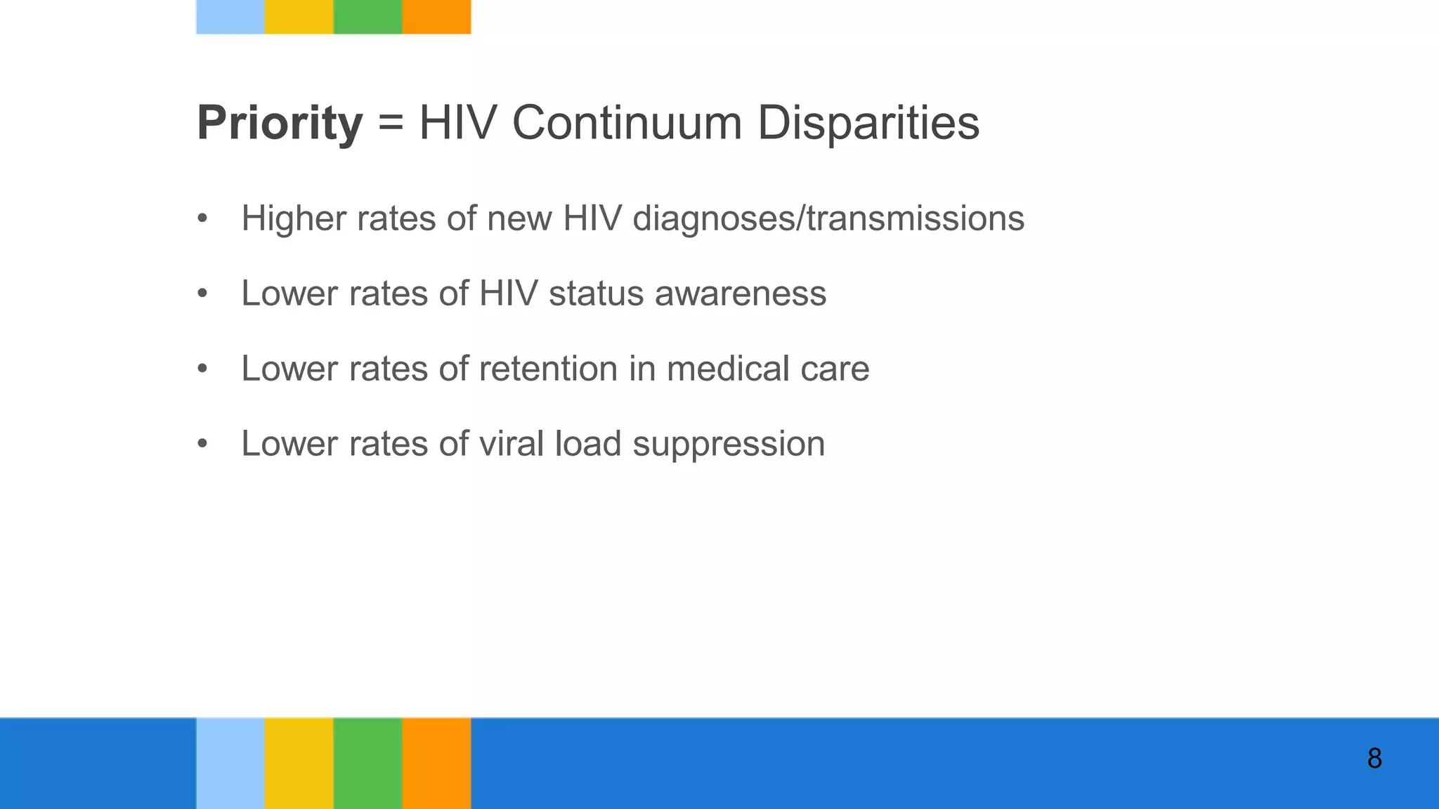 Priority = HIV Continuum Disparities
• Higher rates of new HIV diagnoses/transmissions
• Lower rates of HIV status awareness
• Lower rates of retention in medical care
• Lower rates of viral load suppression
8
 