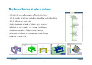 DNV GL © 2014
12
The Sesam floating structure package
 Linear structural analysis of unlimited size
 Hydrostatic analysis including stability code checking
 Hydrodynamic analysis
 Buckling code check of plates and beams
 Global to sub-model boundary conditions
 Fatigue analysis of plates and beams
 Coupled analysis, mooring and riser design
 Marine operations
 