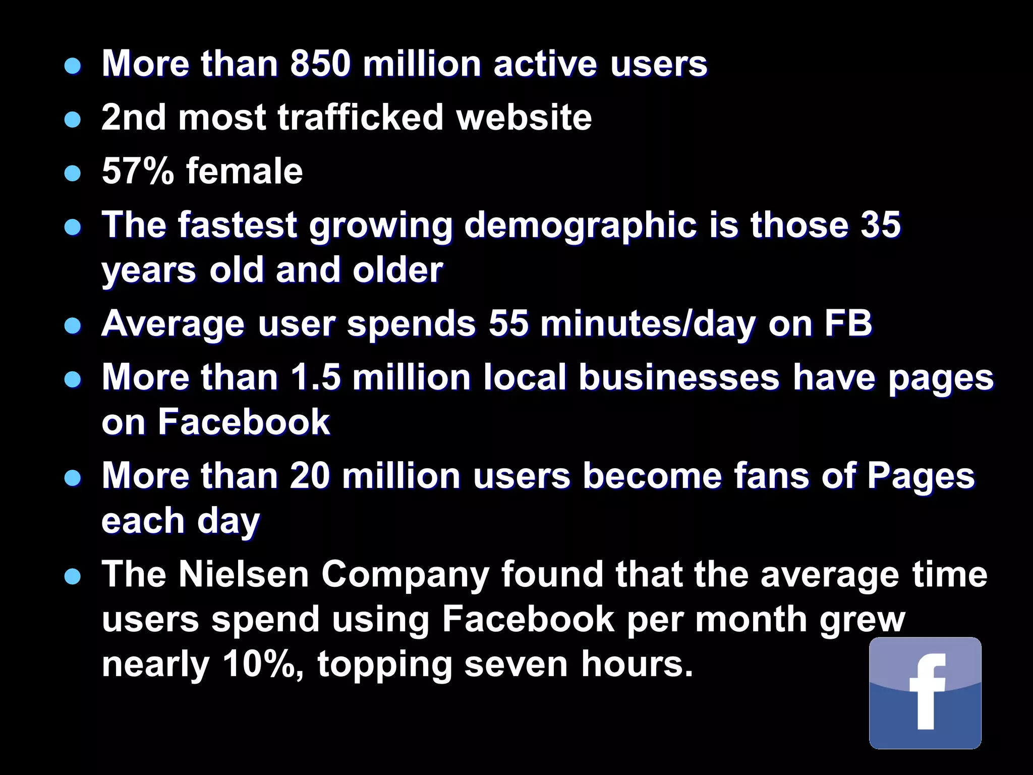    More than 850 million active users
   2nd most trafficked website
   57% female
   The fastest growing demographic is those 35
    years old and older
   Average user spends 55 minutes/day on FB
   More than 1.5 million local businesses have pages
    on Facebook
   More than 20 million users become fans of Pages
    each day
   The Nielsen Company found that the average time
    users spend using Facebook per month grew
    nearly 10%, topping seven hours.
 