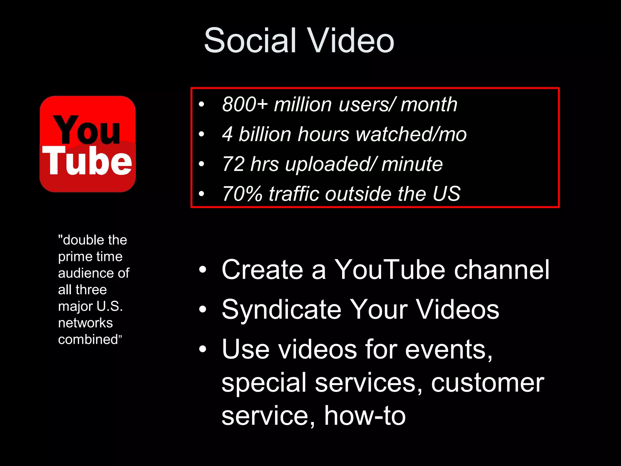 Social Video
              •   800+ million users/ month
              •   4 billion hours watched/mo
              •   72 hrs uploaded/ minute
              •   70% traffic outside the US

"double the
prime time
audience of   • Create a YouTube channel
all three
major U.S.
networks
              • Syndicate Your Videos
combined”
              • Use videos for events,
                special services, customer
                service, how-to
 
