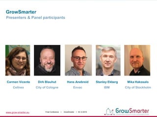 www.grow-smarter.eu Final Conference I GrowSmarter I 03.12.2019
GrowSmarter
Presenters & Panel participants
Carmen Vicente
Cellnex
Dirk Blauhut
City of Cologne
Hans Anebreid
Envac
Stanley Ekberg
IBM
Mika Hakosalo
City of Stockholm
 