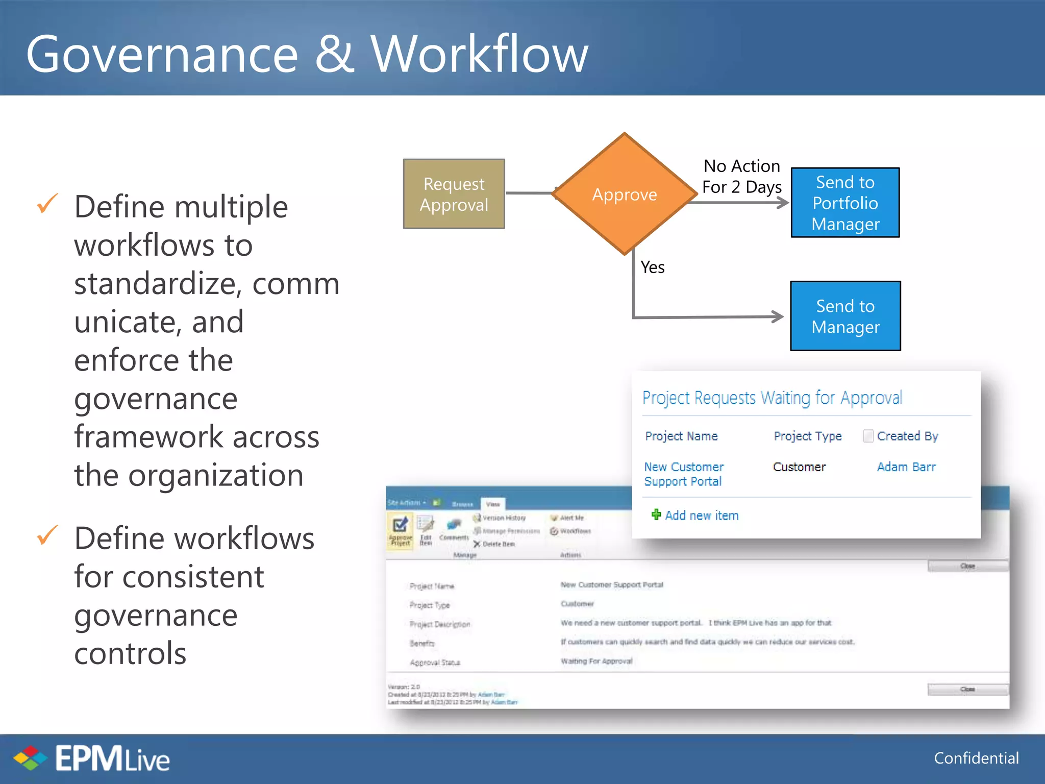 Governance & Workflow
                                            No Action
                      Request               For 2 Days   Send to
                                 Approve
 Define multiple     Approval    Approve                Portfolio
                                                         Manager
  workflows to
                                      Yes
  standardize, comm
                                                         Send to
  unicate, and                                           Manager

  enforce the
  governance
  framework across
  the organization
 Define workflows
  for consistent
  governance
  controls


                                                                     Confidential
 