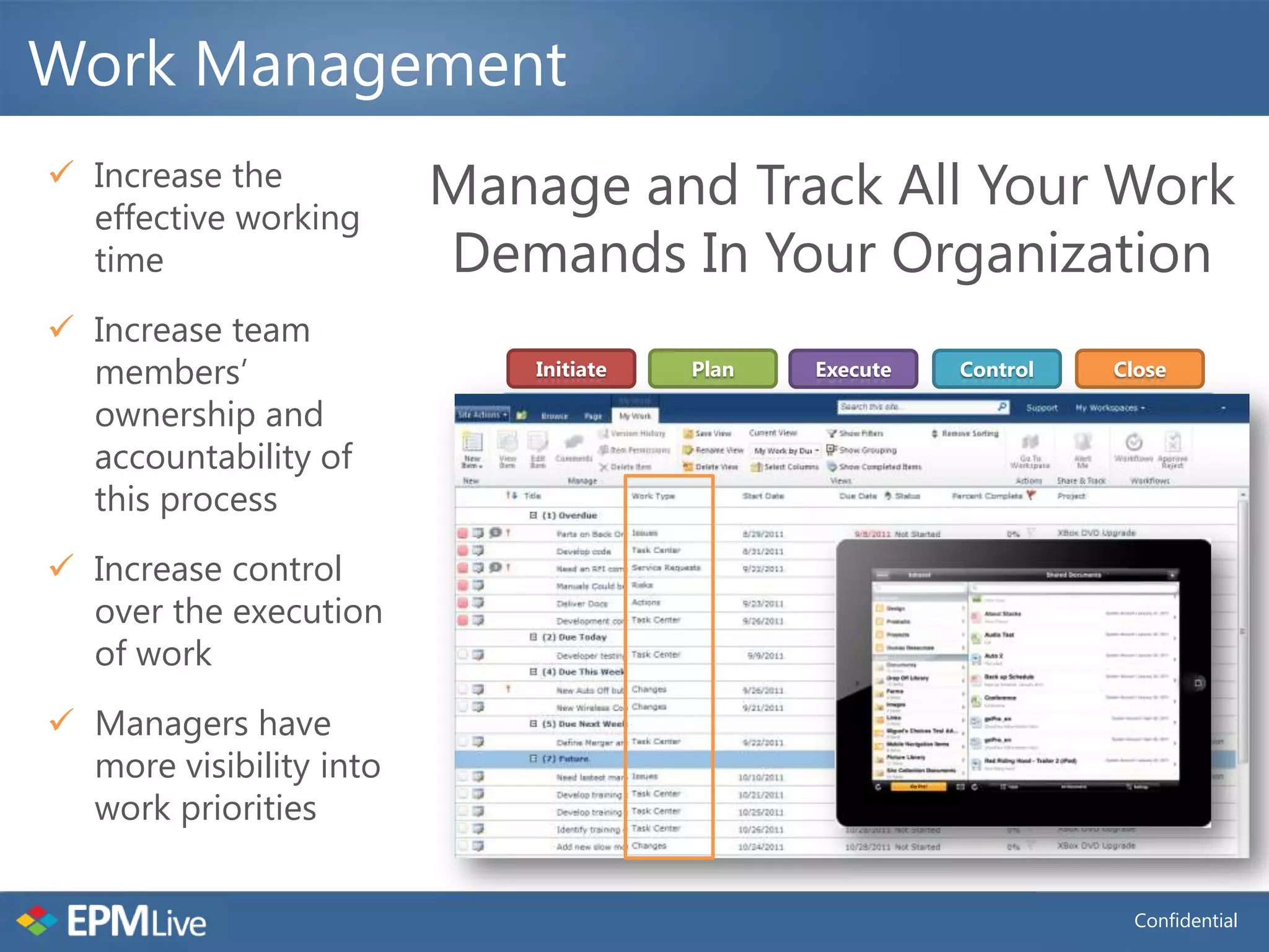 Work Management
 Increase the
  effective working
                         Manage and Track All Your Work
  time                   Demands In Your Organization
 Increase team
  members’                   Initiate          Plan         Execute         Control          Close

  ownership and                                                                            Tasks
                                         Actions                                      Risks
  accountability of                                             ECM
  this process                  Issues                                                Documents

                                             Punch Lists
                                                                        Contracts
 Increase control
  over the execution            Meetings              Defects

  of work                       Deliverables
                                                                 Bugs               Approvals

                                                                                         Changes
                                                                 Invoices
 Managers have                          Procurements

  more visibility into
  work priorities


                                                                                                Confidential
 