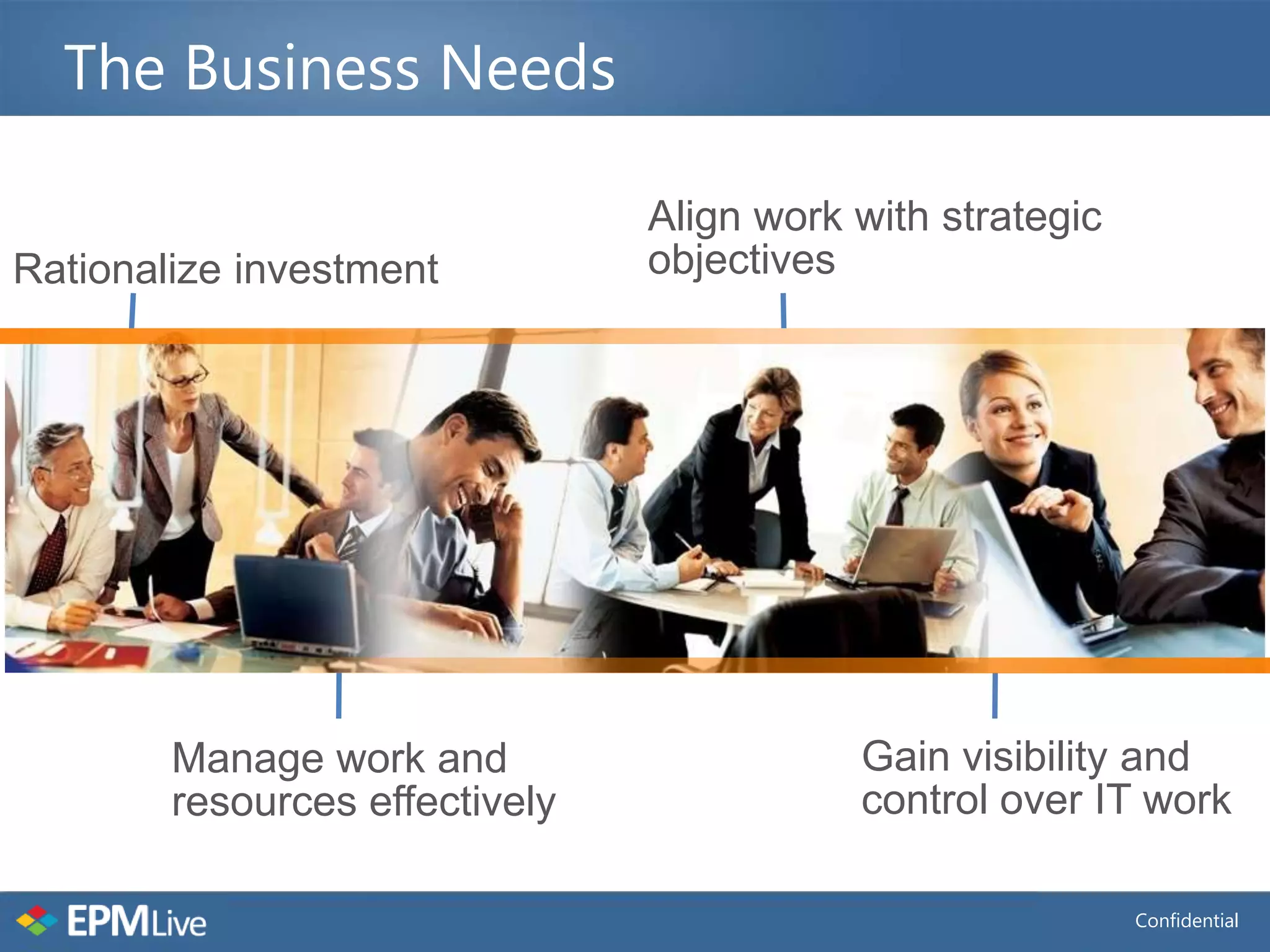 The Business Needs

                                Align work with strategic
Rationalize investment          objectives




                 0


        Manage work and                    Gain visibility and
        resources effectively              control over IT work

                                                            Confidential
 