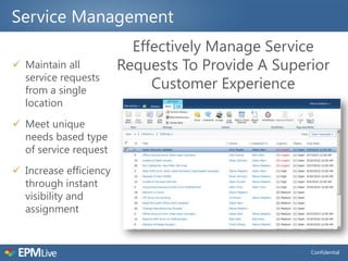 Service Management
                          Effectively Manage Service
 Maintain all          Requests To Provide A Superior
  service requests
  from a single              Customer Experience
  location
 Meet unique
  needs based type
  of service request
 Increase efficiency
  through instant
  visibility and
  assignment


                                                   Confidential
 