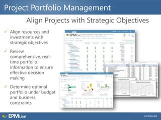 Project Portfolio Management
          Align Projects with Strategic Objectives
 Align resources and
  investments with
  strategic objectives
 Review
  comprehensive, real-
  time portfolio
  information to ensure
  effective decision
  making
 Determine optimal
  portfolio under budget
  and business
  constraints

                                                Confidential
 