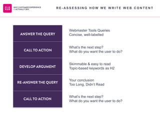 Webmaster Tools Queries
Concise, well-labelled
What’s the next step?
What do you want the user to do?
Skimmable & easy to read
Topic-based keywords as H2
Your conclusion
Too Long, Didn’t Read
What’s the next step?
What do you want the user to do?
R E - A S S E S S I N G H O W W E W R I T E W E B C O N T E N T
 