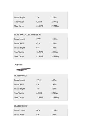 Inside Height       7'4"       2.23m

Tare Weight         6,061lb    2,749kg

Max. Cargo          61,117lb   27,722kg



FLAT RACK COLLAPSIBLE 40'

Inside Length       39'7"      12.06m

Inside Width        6'10"      2.08m

Inside Height       6'5"       1.95m

Tare Weight         12,787lb   5,800kg

Max. Cargo          85,800lb   38,918kg



Platforms




PLATFORM 20'

Inside Length       19'11"     6.07m

Inside Width        8'0"       2.43m

Inside Height       7'4"       2.23m

Tare Weight         6,061lb    2,749kg

Max. Cargo          52,896lb   23,993kg



PLATFORM 40'

Inside Length       40'0"      12.19m

Inside Width        8'0"       2.43m
 
