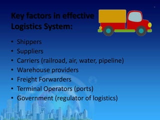 Key factors in effective
Logistics System:
• Shippers
• Suppliers
• Carriers (railroad, air, water, pipeline)
• Warehouse providers
• Freight Forwarders
• Terminal Operators (ports)
• Government (regulator of logistics)
 