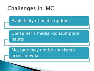 Availability of media options
Consumer’s media –consumption
habits
Message may not be consistent
across media
 