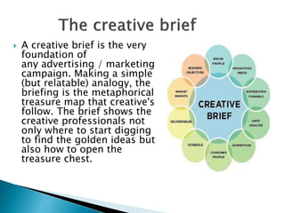  A creative brief is the very
foundation of
any advertising / marketing
campaign. Making a simple
(but relatable) analogy, the
briefing is the metaphorical
treasure map that creative's
follow. The brief shows the
creative professionals not
only where to start digging
to find the golden ideas but
also how to open the
treasure chest.
 