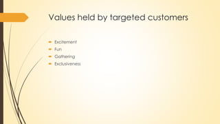 Values held by targeted customers
 Excitement
 Fun
 Gathering
 Exclusiveness
 