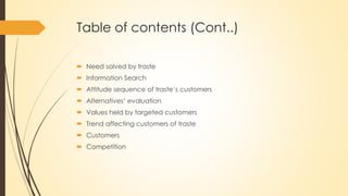 Table of contents (Cont..)
 Need solved by traste
 Information Search
 Attitude sequence of traste’s customers
 Alternatives’ evaluation
 Values held by targeted customers
 Trend affecting customers of traste
 Customers
 Competition
 